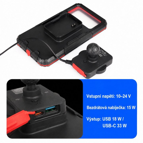 Detail napájacieho modulu držiaka na motorku s rýchlym USB-C 33W a USB 18W výstupom