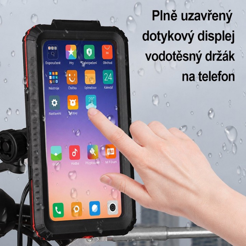 Vodotesný držiak na mobil IPX6 s plne funkčným dotykovým displejom počas jazdy v daždi