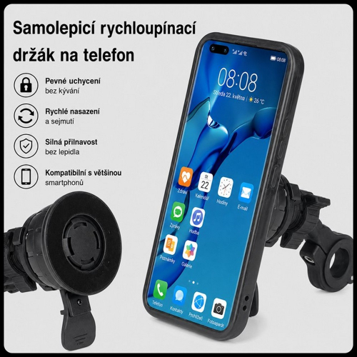 Smartfón upevnený na riadidlách pomocou samolepiaceho rýchloupínacieho držiaka r20 Fast Lock