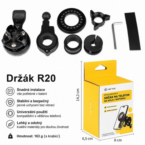 Balenie a rozmery držiaka na mobil r20 Fast Lock s redukčnými vložkami a kľúčom
