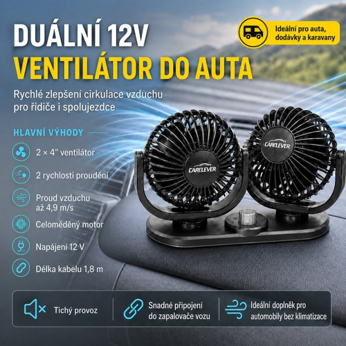 Duálny 12V ventilátor CARCLEVER umiestnený na palubnej doske vozidla