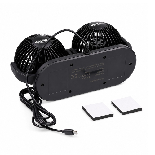 Duálny USB ventilátor zospodu s napájacím USB-C káblom a upevňovacími páskami