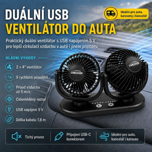 Duálny USB ventilátor CARCLEVER s päťstupňovou reguláciou na palubnej doske