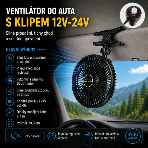 Klipový ventilátor 12V-24V pripevnený na slnečnej clone v interiéri vozidla