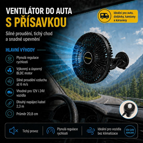 Prísavkový ventilátor 12V-24V prichytený na skle s prehľadom hlavných výhod