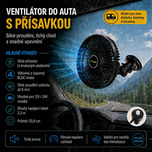 12V-24V ventilátor do auta prichytený prísavkou na sklo s hlavnými výhodami