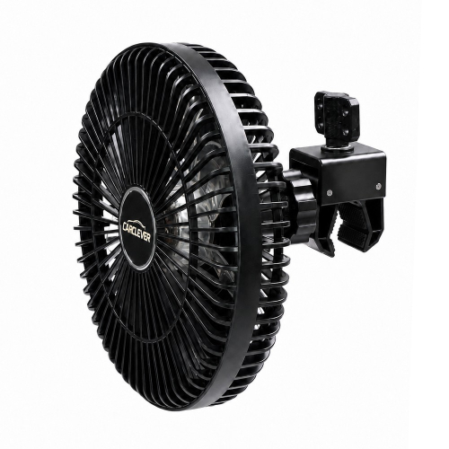 Čierny automobilový ventilátor CARCLEVER s pevným držiakom na čeľusť