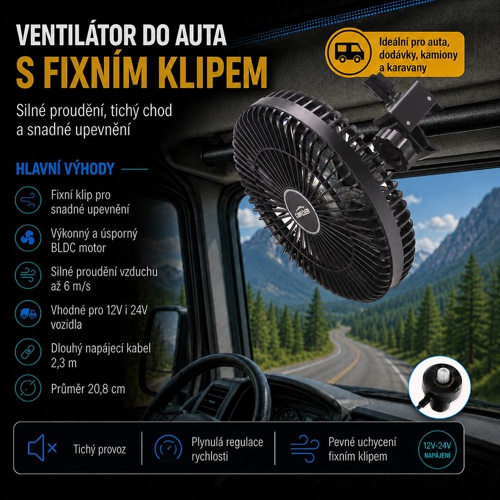12V-24V ventilátor do auta prichytený na madle v kabíne s prehľadom hlavných výhod
