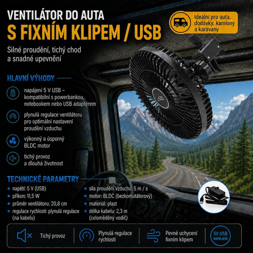 5V USB ventilátor do auta prichytený na madle s hlavnými výhodami a parametrami