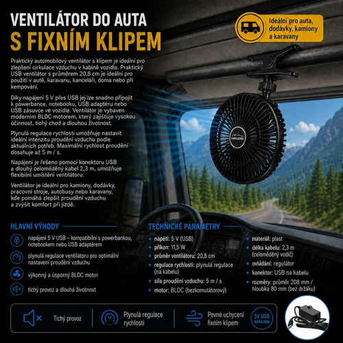 5V USB ventilátor do auta s klipom, prehľadom hlavných výhod a technických parametrov