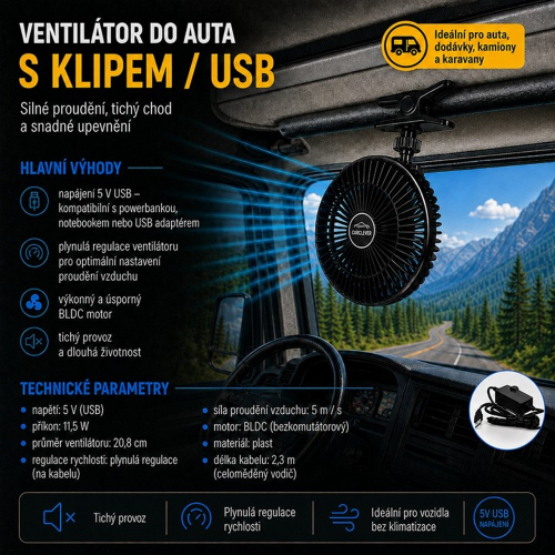 USB ventilátor s klipom určený do vozidiel bez klimatizácie a pre použitie pri kempovaní