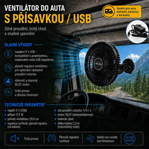 Infografika pre 5V USB ventilátor do auta s prísavkou, prehľadom vlastností a technických parametrov