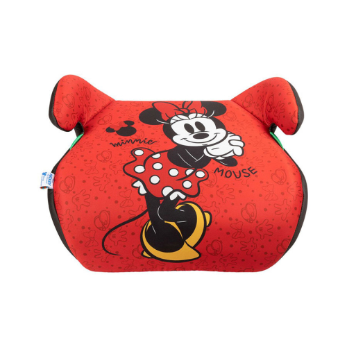 Pohľad spredu na červený detský auto podsedák s postavou Minnie Mouse v bodkovaných šatách