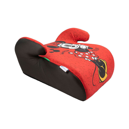 Bočný pohľad na červený detský auto podsedák Minnie Mouse so zelenými vodiacimi prvkami