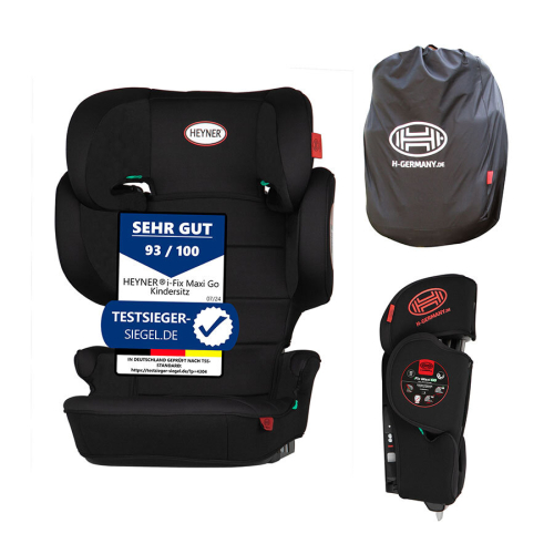 Čierna autosedačka HEYNER® KIDS ISOFIX spolu so zloženým stavom a ochrannou taškou na prenášanie
