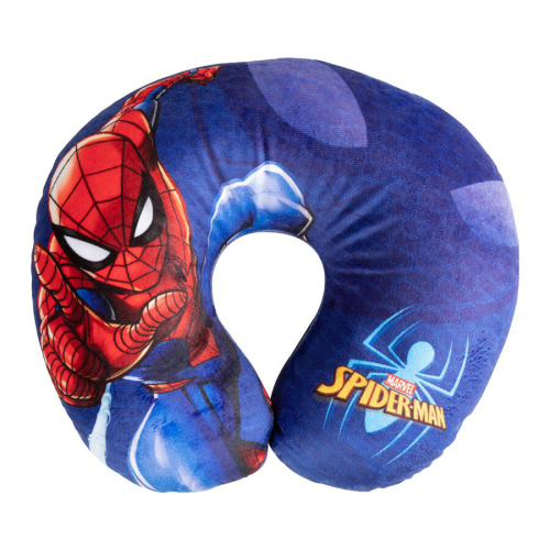 Detský cestovný vankúš Spider-Man modrý, ergonomický tvar, pohľad zhora.