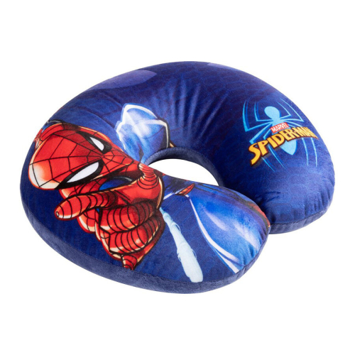 Detský cestovný vankúš Spider-Man modrý, šikmý pohľad z profilu.