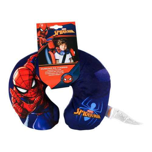 Detský cestovný vankúš Spider-Man modrý, predná strana s predajnou vysačkou.