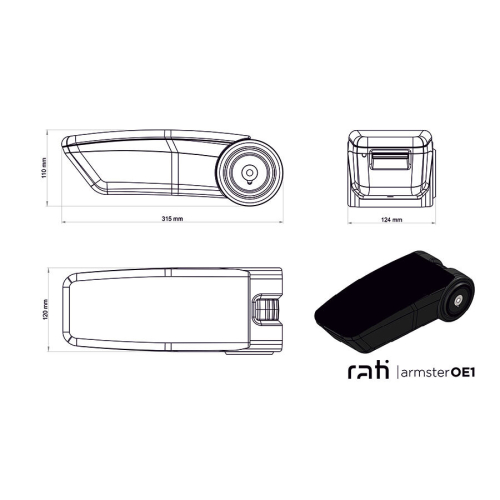 Technický výkres s rozmermi lakťovej opierky Rati Armster OE1, 315x120 mm.