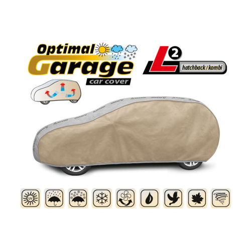 Ochranná plachta Optimal Garage L2 HTB/combi, sivobéžová, bočný profil s piktogramami vlastností.