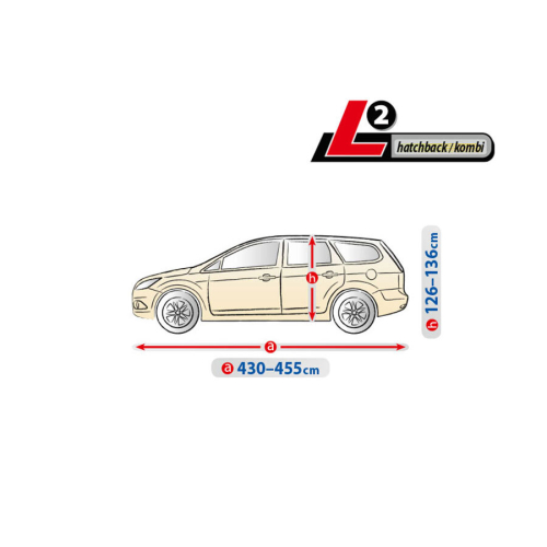 Rozmery plachty Optimal Garage L2 HTB/combi, bočný profil kombi auta, dĺžka 430–455 cm, výška 126–136 cm.