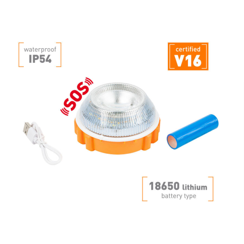 Výstražné LED svetlo V16, oranžovo-bielé, priamy pohľad s batériou 18650, USB-C káblom a popismi krytia IP54.