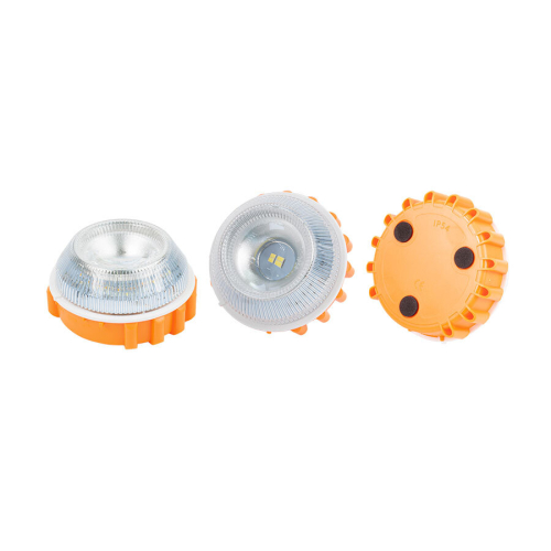 Výstražné LED svetlo V16, oranžové, 3 pohľady z rôznych uhlov ukazujúce vrchnú čošku a spodné magnetické plochy.