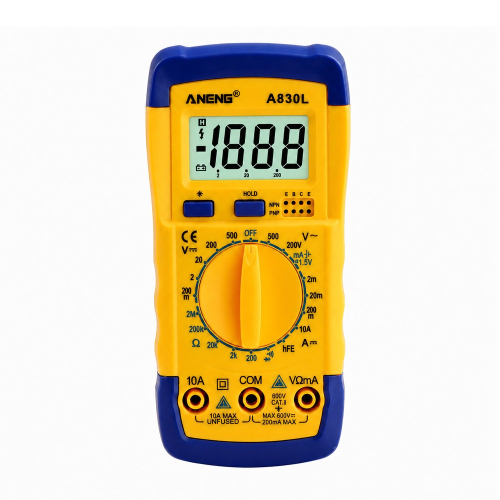 Digitálny multimeter A830L v žlto-modrom ochrannom puzdre so zapnutým podsvieteným LCD displejom