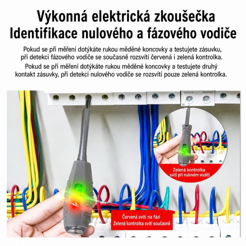 Použitie skúšačky v rozvádzači s ukážkou rozlíšenia fázového a nulového vodiča