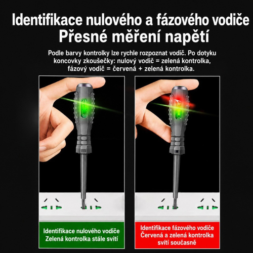 Porovnanie signalizácie fázového a nulového vodiča pri pripojení skúšačky do zásuvky