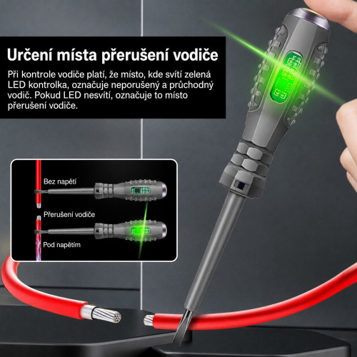 Ukážka detekcie miesta prerušenia elektrického vodiča pomocou skúšačky