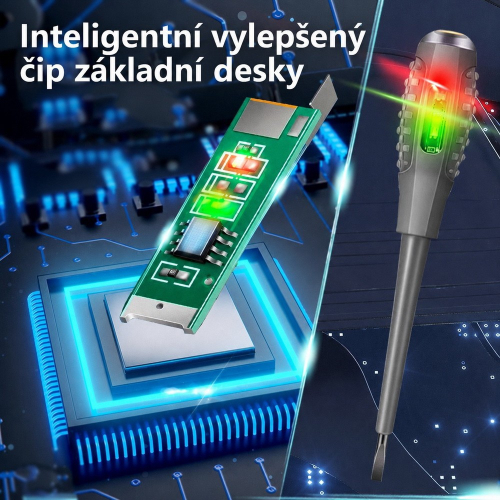 Detail riadiaceho čipu základnej dosky a rozsvietenej LED signalizácie skúšačky