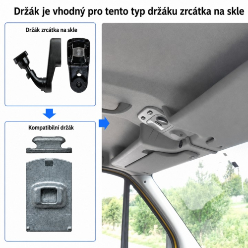 Kompatibilný držiak spätného zrkadla na sklo a pripojenie v interiéri vozidla