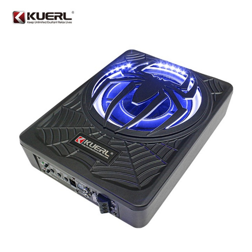 Bočný pohľad na nízkoprofilový aktívny subwoofer KUERL 10″ s podsvietením