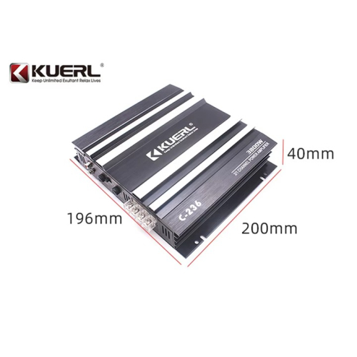 Rozmerový nákres zosilňovača KUERL C-236 s rozmermi približne 196 × 200 × 40 mm