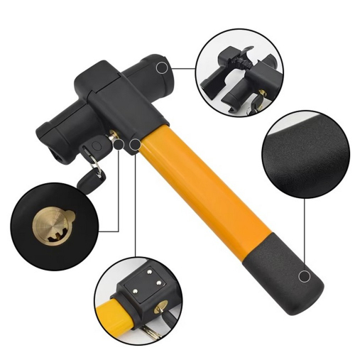 Detail zámku volantu CarClever ROTARY LOCK s uzamykacím mechanizmom, čeľusťami a penovou rukoväťou