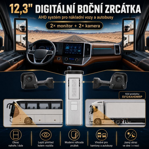 Systém digitálnych bočných zrkadiel s dvoma monitormi a kamerami pre kamión alebo autobus