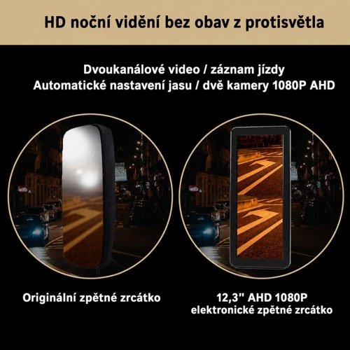 Porovnanie klasického spätného zrkadla a 12,3" AHD monitora pri nočnej jazde