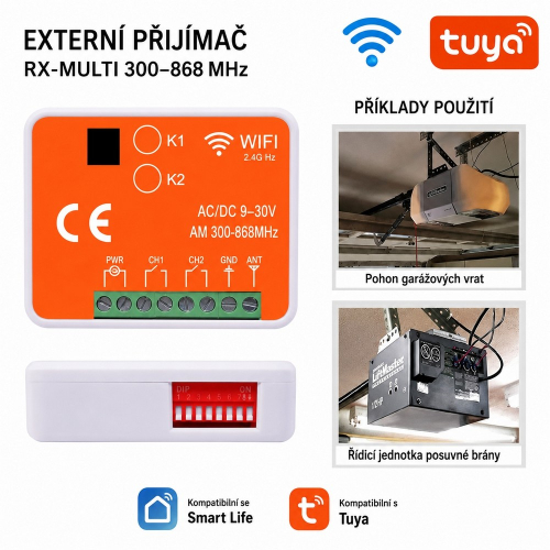 Wi-Fi/RF prijímač RX-MULTI 300–868 MHz pre brány a garážové vráta s podporou Tuya a Smart Life
