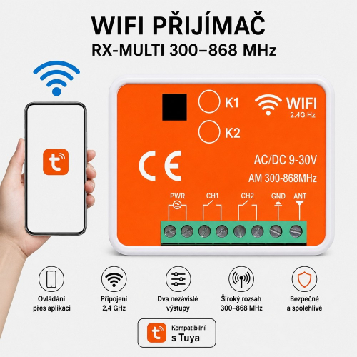Wi-Fi prijímač RX-MULTI s ovládaním cez aplikáciu Tuya a dvoma nezávislými kanálmi