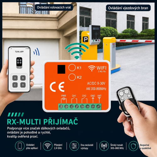 RX-MULTI pri ovládaní garážových vrát a vjazdovej závory cez mobil alebo RF ovládač