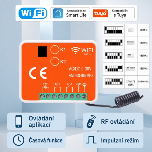 RX-MULTI s podporou Tuya a Smart Life, RF ovládaním a nastavením frekvencie pomocou DIP prepínačov