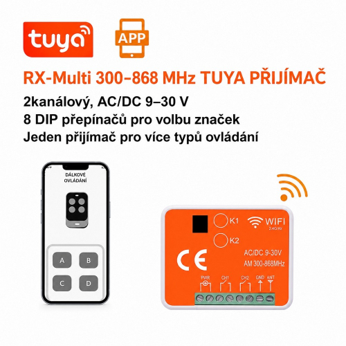 Dvojkanálový prijímač RX-MULTI 300–868 MHz s ovládaním cez aplikáciu Tuya