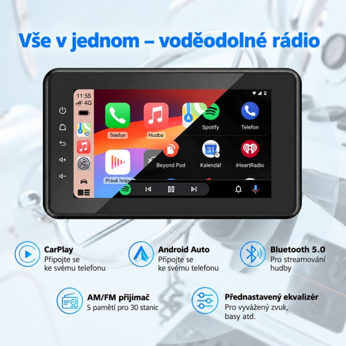 Vodeodolné 8" autorádio s Apple CarPlay, Android Auto, Bluetooth a FM rádiom