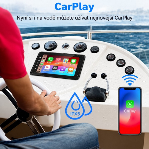 Autorádio nainštalované v lodi s bezdrôtovým Apple CarPlay a označením IPX5