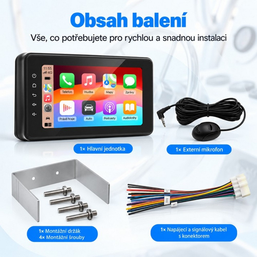 Obsah balenia autorádia s externým mikrofónom, kabelážou a montážnym príslušenstvom