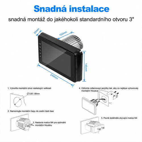 Rozmery autorádia 248 × 145 mm s montážnou hĺbkou 102 mm a otvorom Ø 85 mm