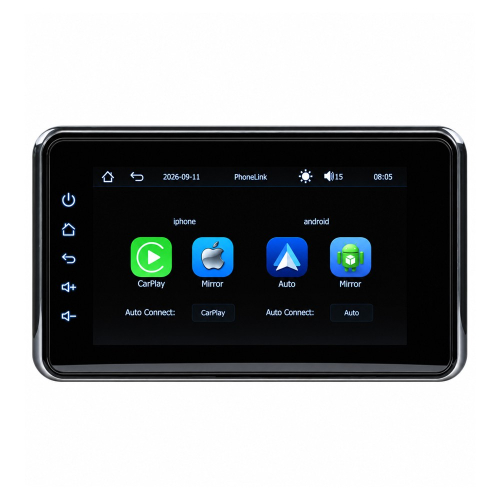 Obrazovka PhoneLink s voľbami Apple CarPlay, Android Auto a zrkadlenia telefónu