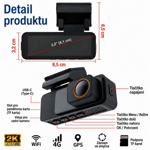 Rozmery autokamery a označenie USB-C, slotu na TF kartu a ovládacích tlačidiel