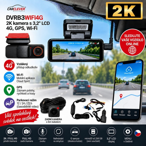Autokamera CarClever 2K s GPS, Wi-Fi, 4G a zadnou kamerou